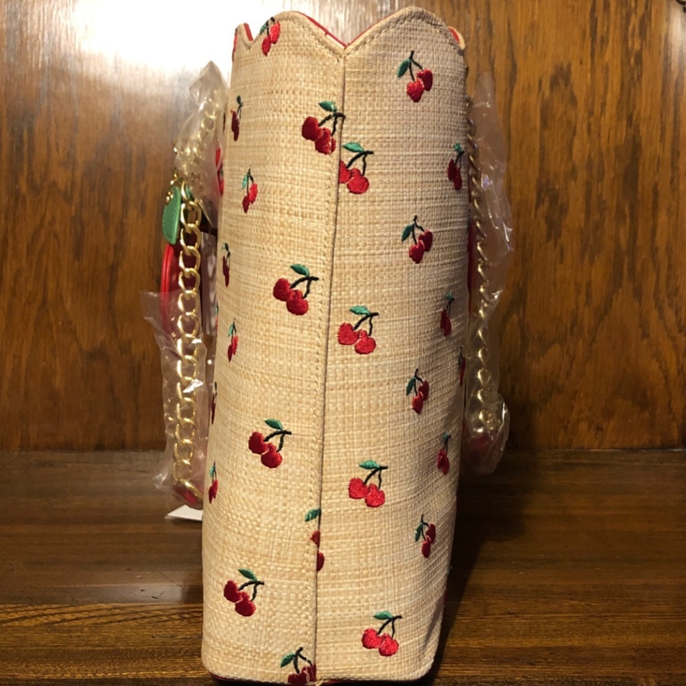 NWT-Betsey Johnson-Cherry🍒Embroidered-Large XO Tote-Woven Straw-Natural-$118 - Picture 5 of 16